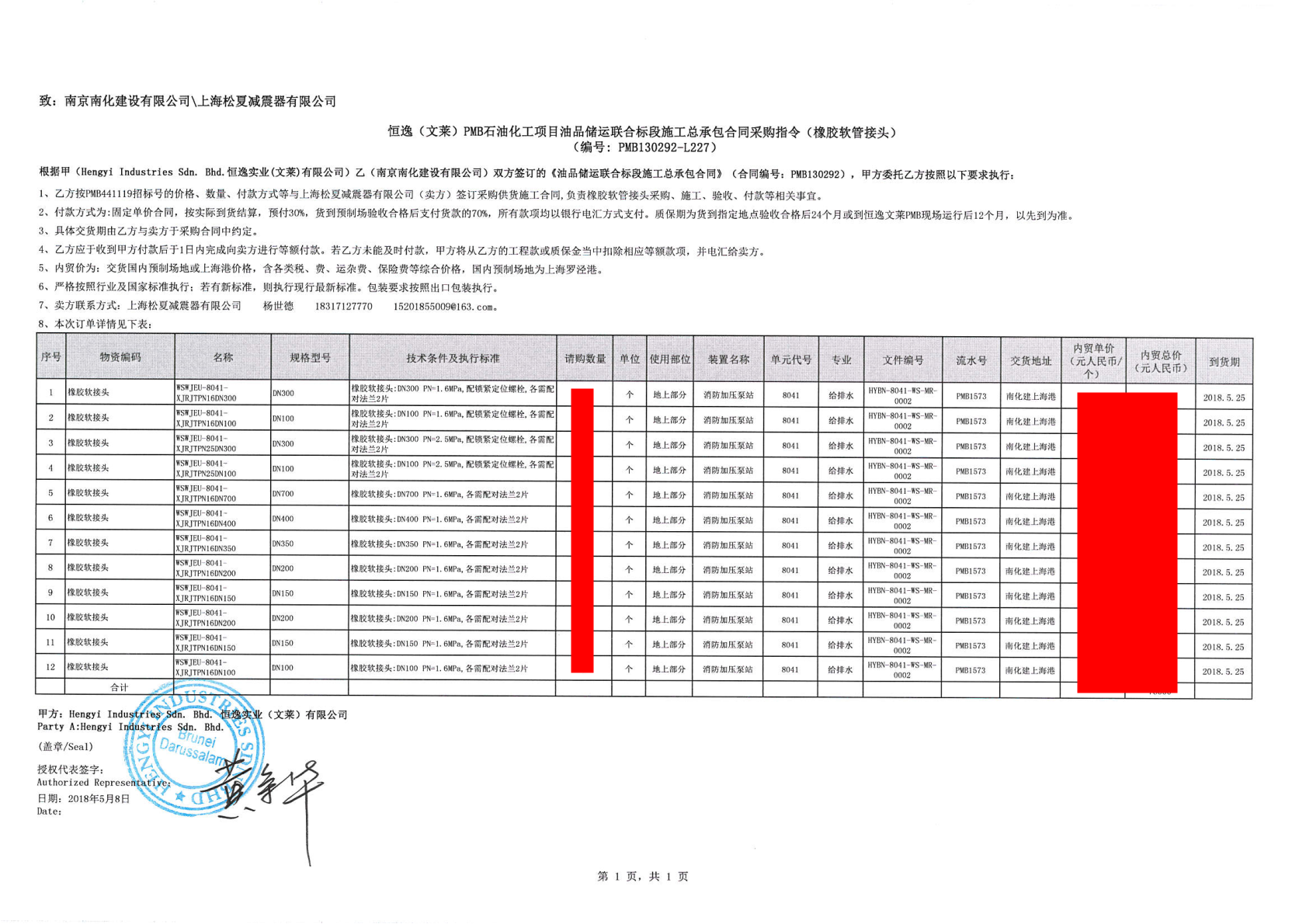 【恒逸文萊PMB石油化工項(xiàng)目】橡膠接頭采購(gòu)合同